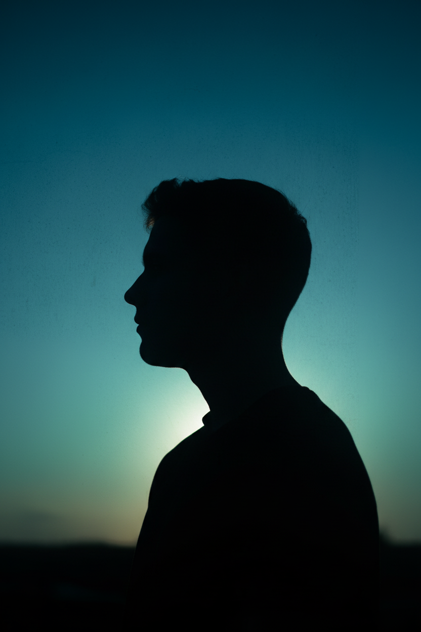 Full silhouette with blue-teal tones