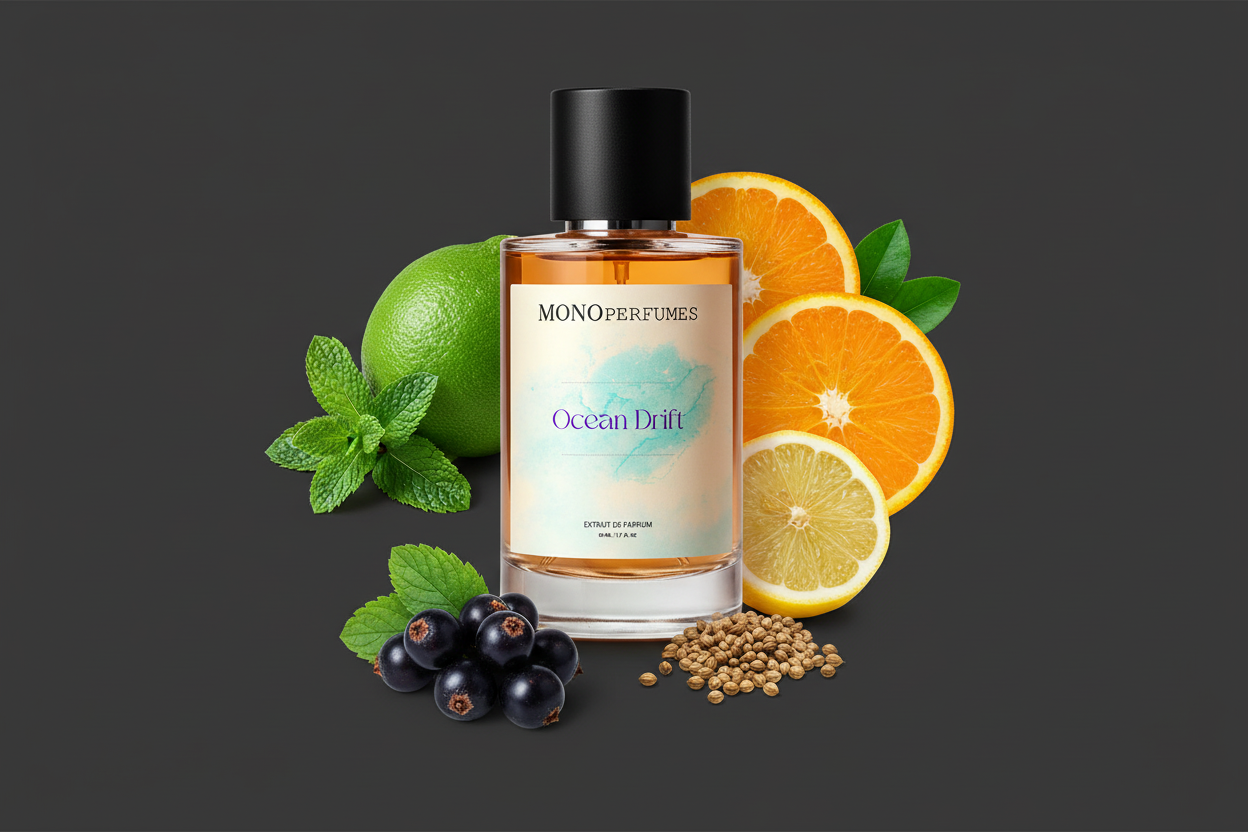 Ocean Drift Cylindrical Bottle with Ingredients