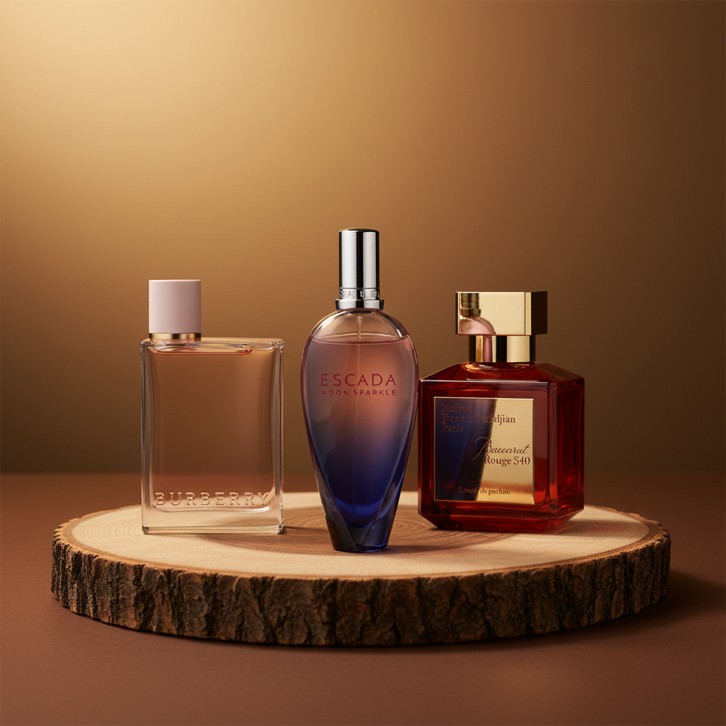 Three luxury perfume bottles on wooden platform