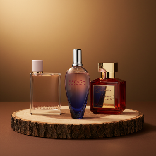 Three luxury perfume bottles on wooden platform